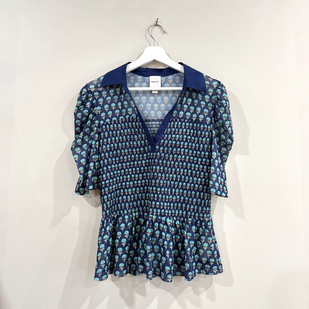 Maeve Anthropologie Navy Print Peplum Top Women’s Large Short Sleeve Boho Y2K - Picture 2 of 9